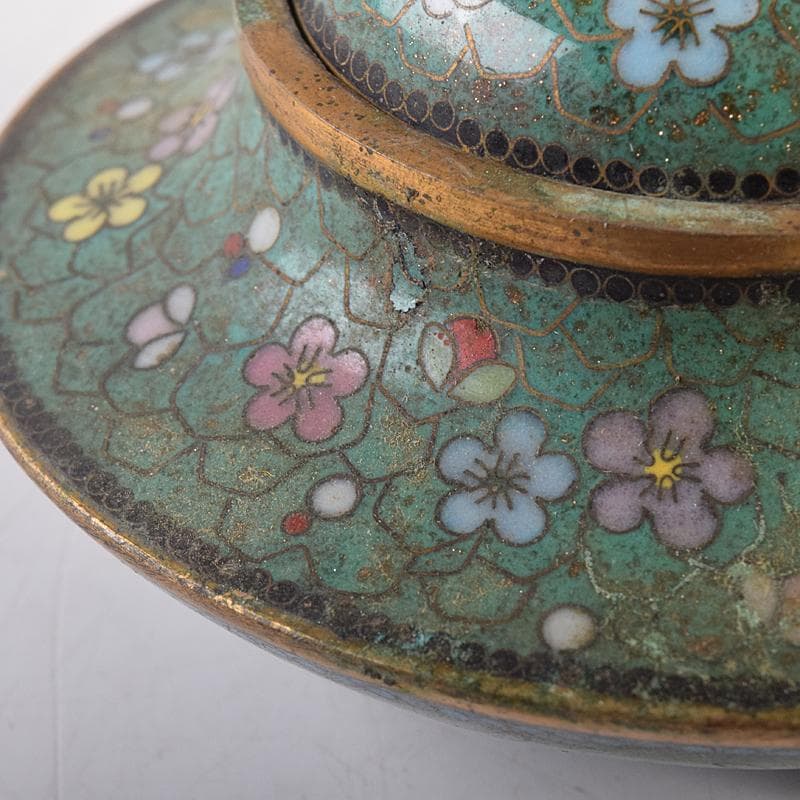 中国　古七宝琺瑯彩　花唐草文　三足蓋爐　香炉　M　R8546