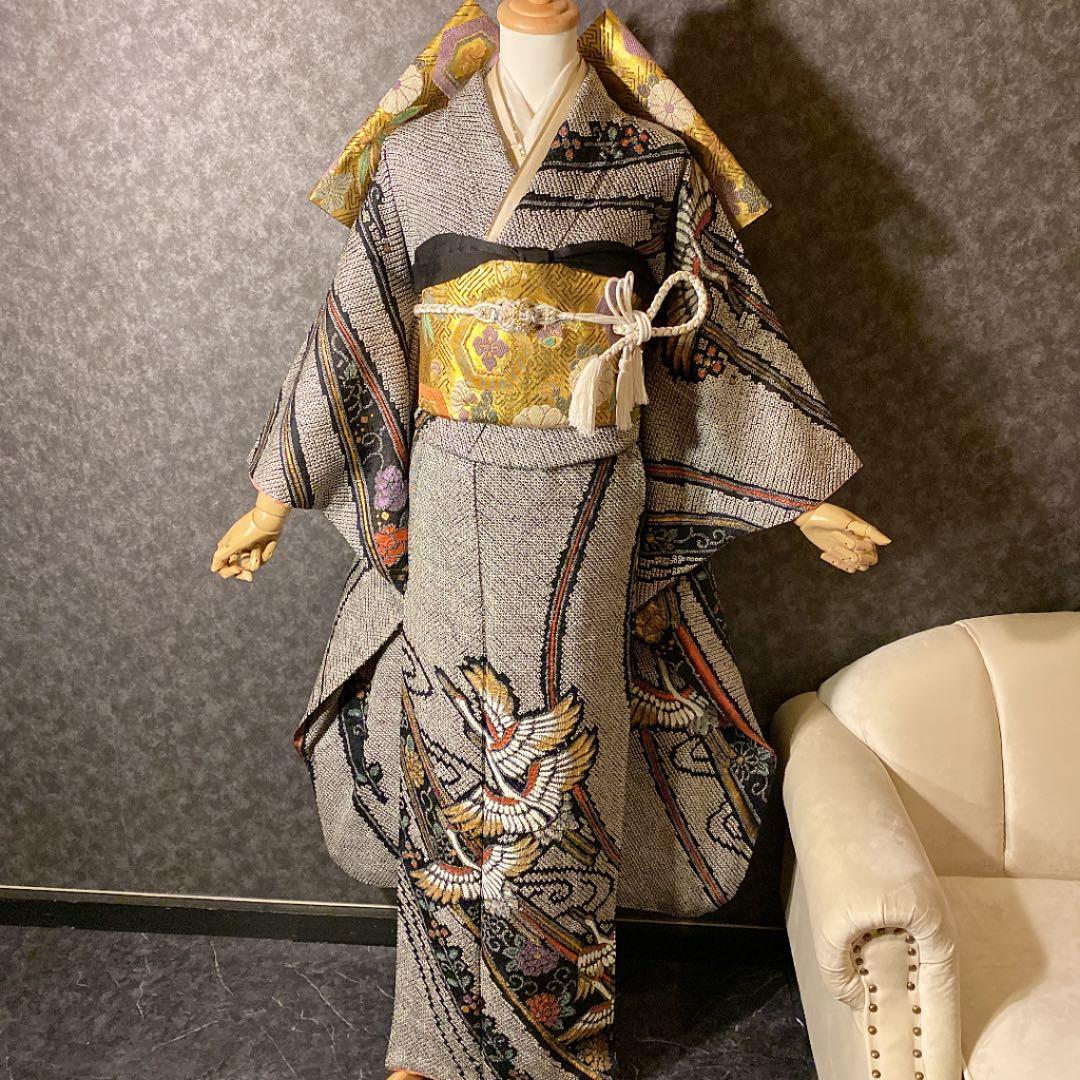 ◆豪華■正絹総絞り■吉祥飛鶴文■黒地■金彩加■振袖一式
