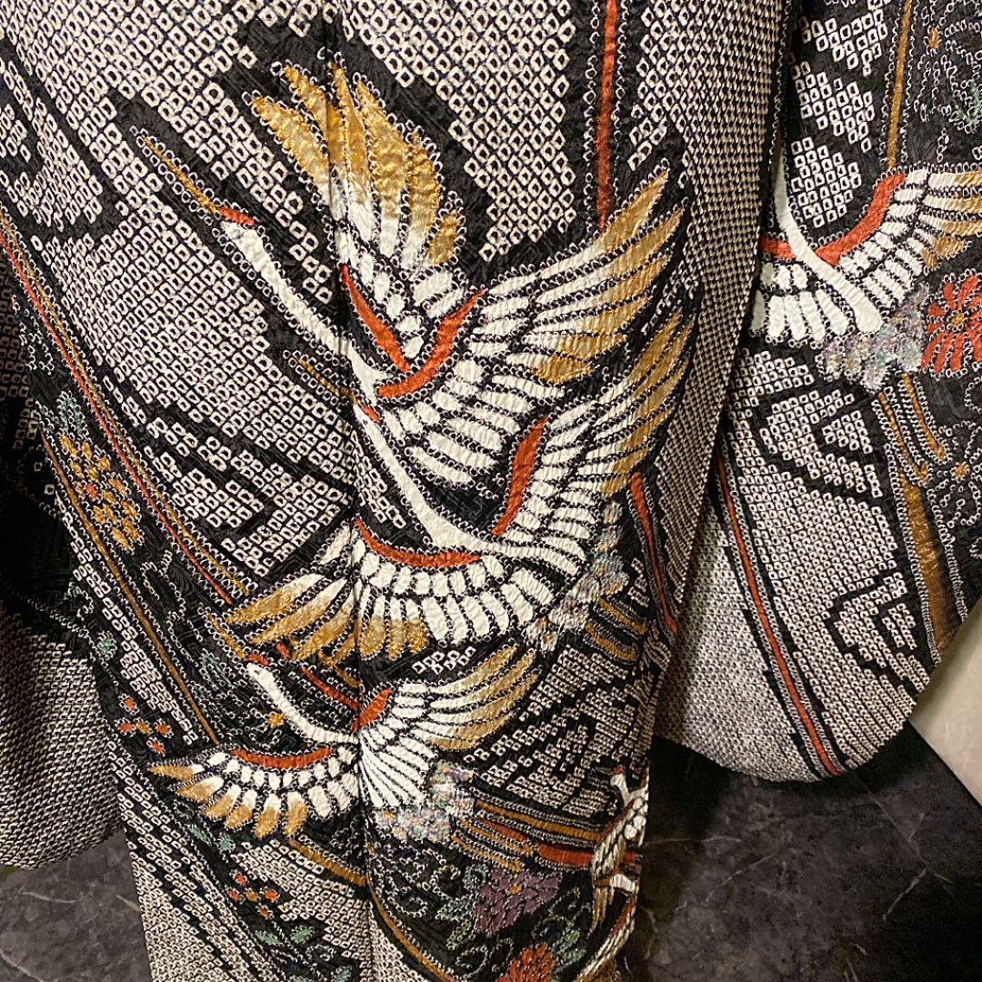 ◆豪華■正絹総絞り■吉祥飛鶴文■黒地■金彩加■振袖一式