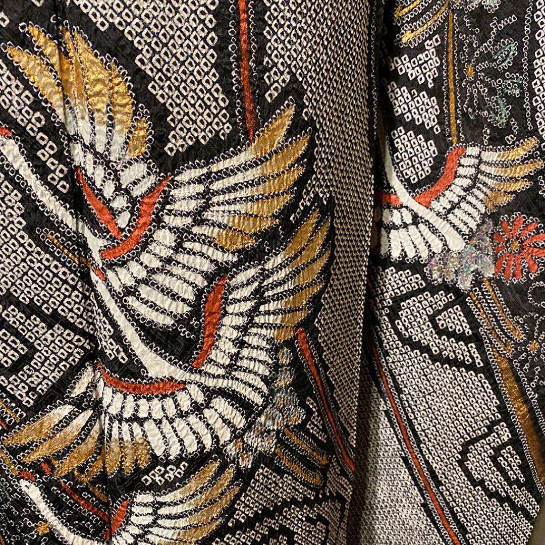 ◆豪華■正絹総絞り■吉祥飛鶴文■黒地■金彩加■振袖一式