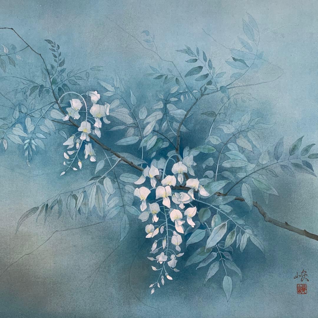 美品 掛け軸 三輪峻作 山藤図 共箱 美術年鑑掲載