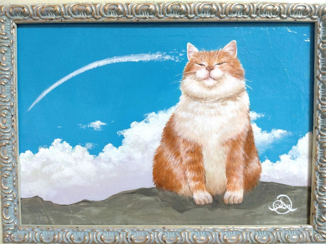 猫の油絵【ひこうき雲】1点物の原画/作者サイン入り◆額縁付属