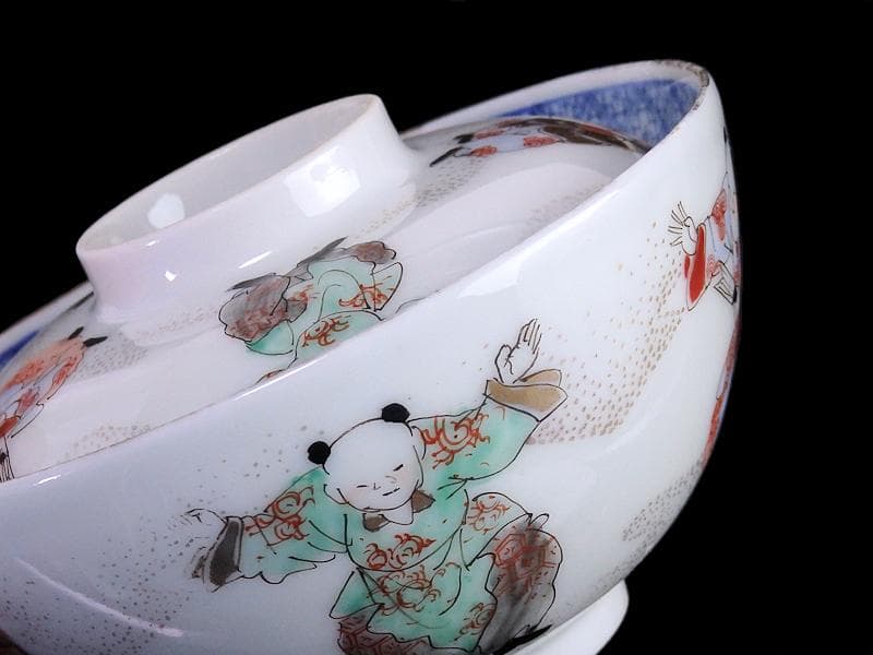 古伊万里　金襴手　唐子　童戯の図　蓋茶碗　E875ASA-CPg