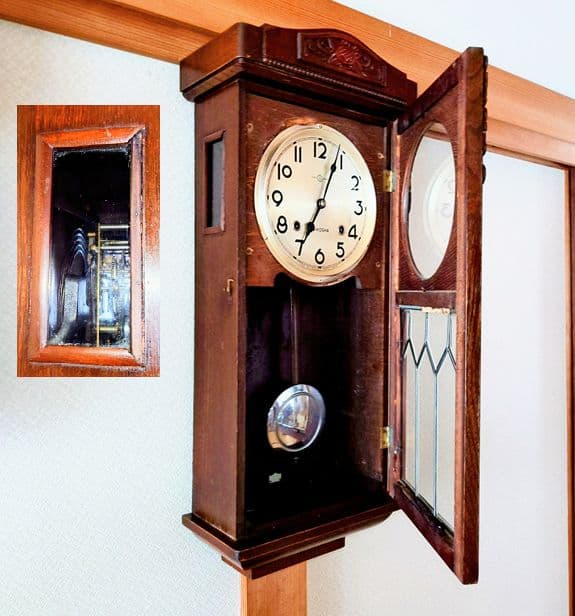 〈完動・美品〉精工舎　ステンドグラス調　スリゲル宮型ゼンマイ振り子時計