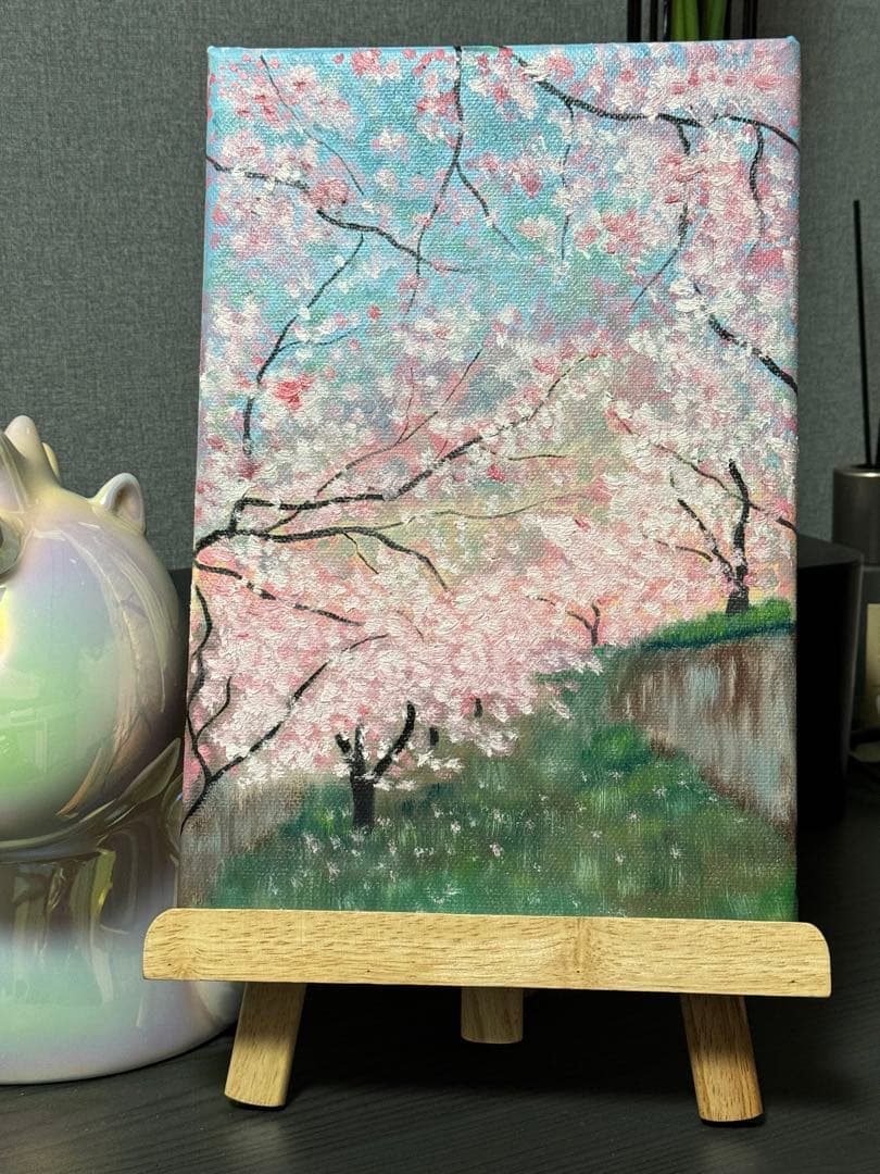 「早桜」　手描き　油絵　油彩画　風景画　原画