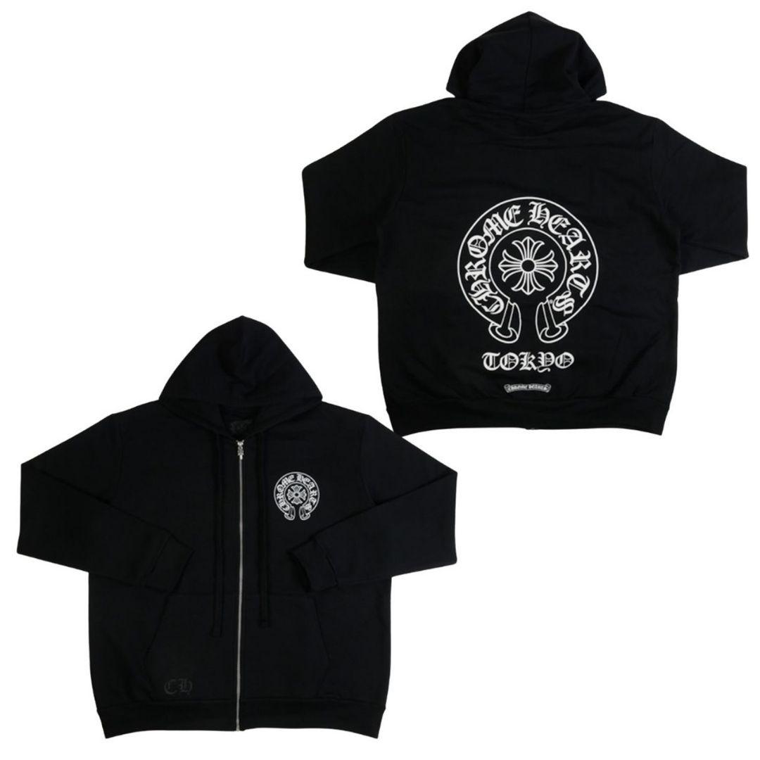 CHROME HEARTSバックホースシュープリントダガージップアップパーカー