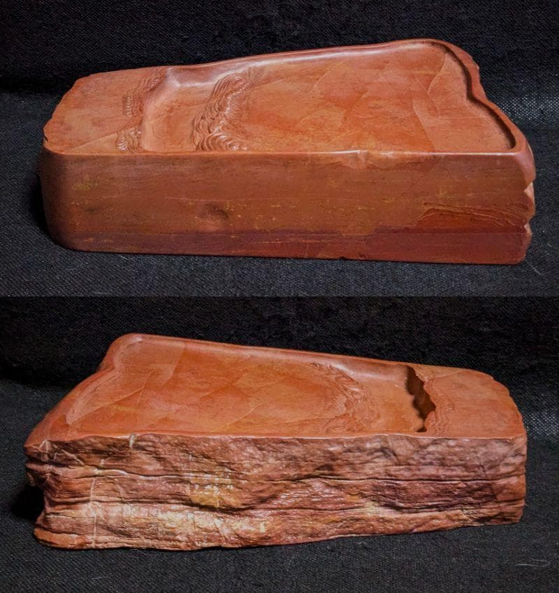 【紅絲硯】◆波上亀游文天成硯◆糸紋・波紋の紅美石◆黒柿木蓋◆約8吋加厚◆魯硯