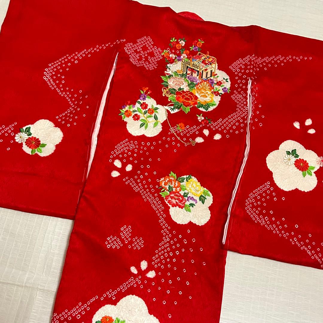 七五三 3歳 フルセット 総絞り 着物 正絹 被布 刺繍 三歳 赤 草履 753