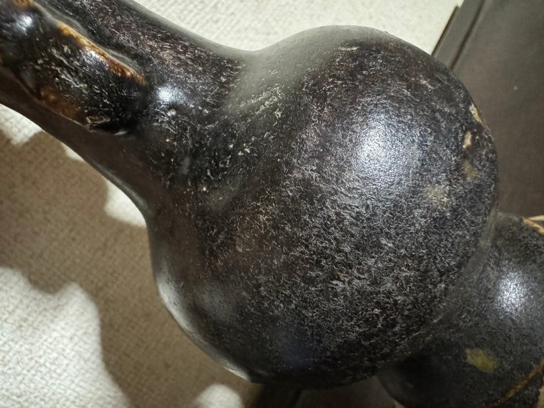 中国骨董　漢ー唐　黒釉褐釉　耳付瓶仏前供養瓶　時代物　唐物　古美術(N-3)