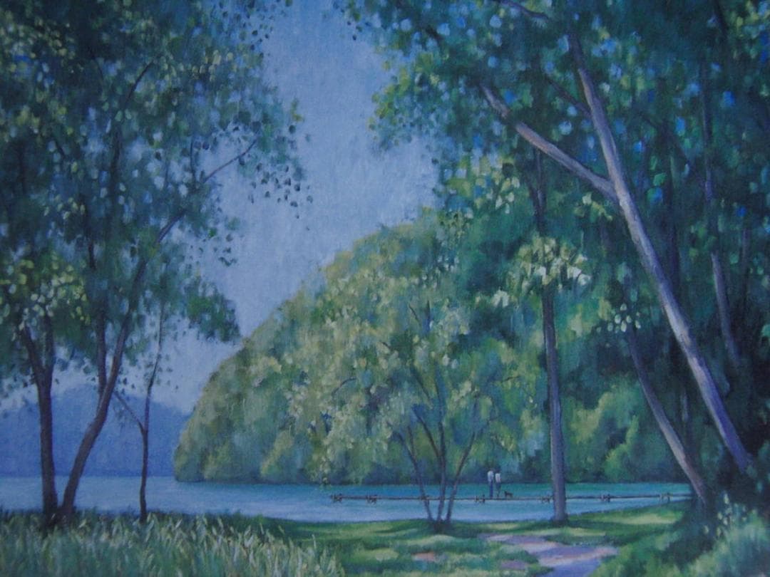 入江観、【湖畔日洩】、希少な額装用画集より、新品額装付