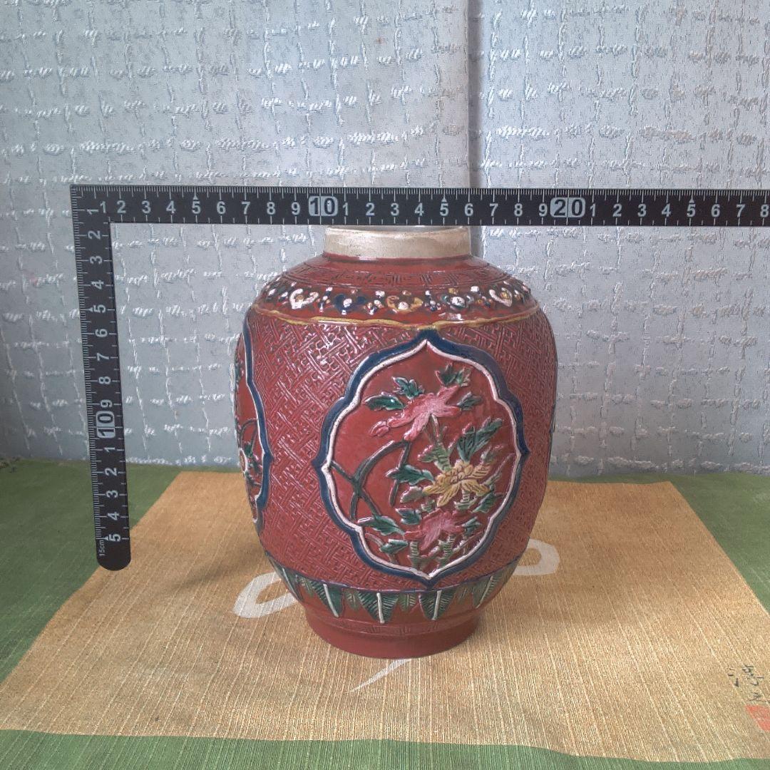 骨董 レトロ アンティーク赤い陶器製印籠 花模様中古