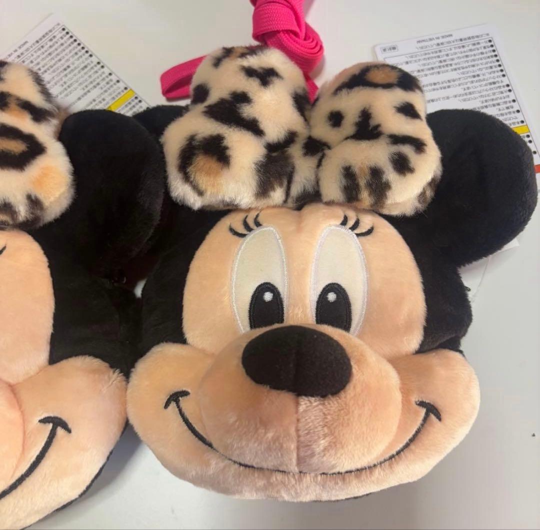 【ヒョウ柄】りぼん　ピンク紐　ショルダーバッグ　ミニーちゃん　フェイス