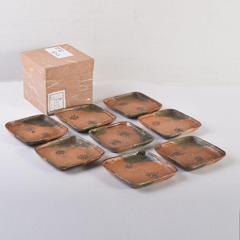和食器　織部焼　四方　銘々皿　8客　在銘　C　7042