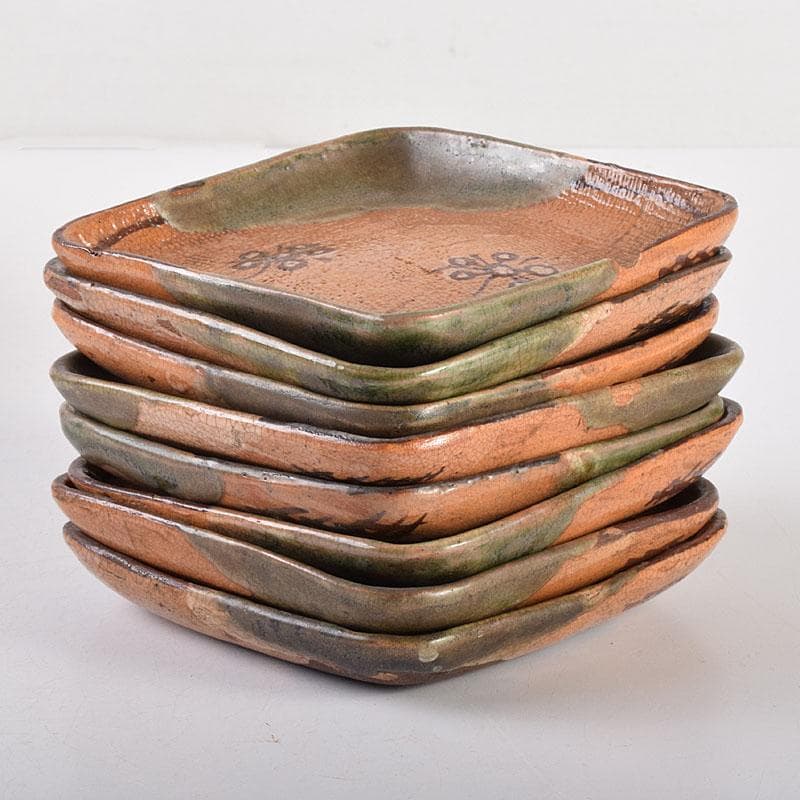 和食器　織部焼　四方　銘々皿　8客　在銘　C　7042