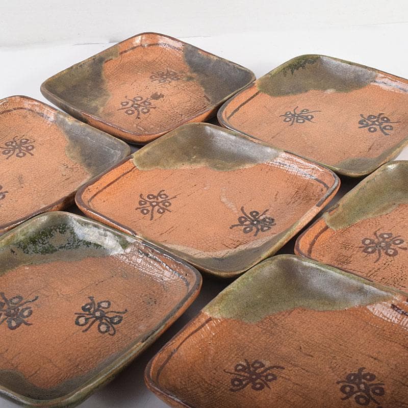和食器　織部焼　四方　銘々皿　8客　在銘　C　7042
