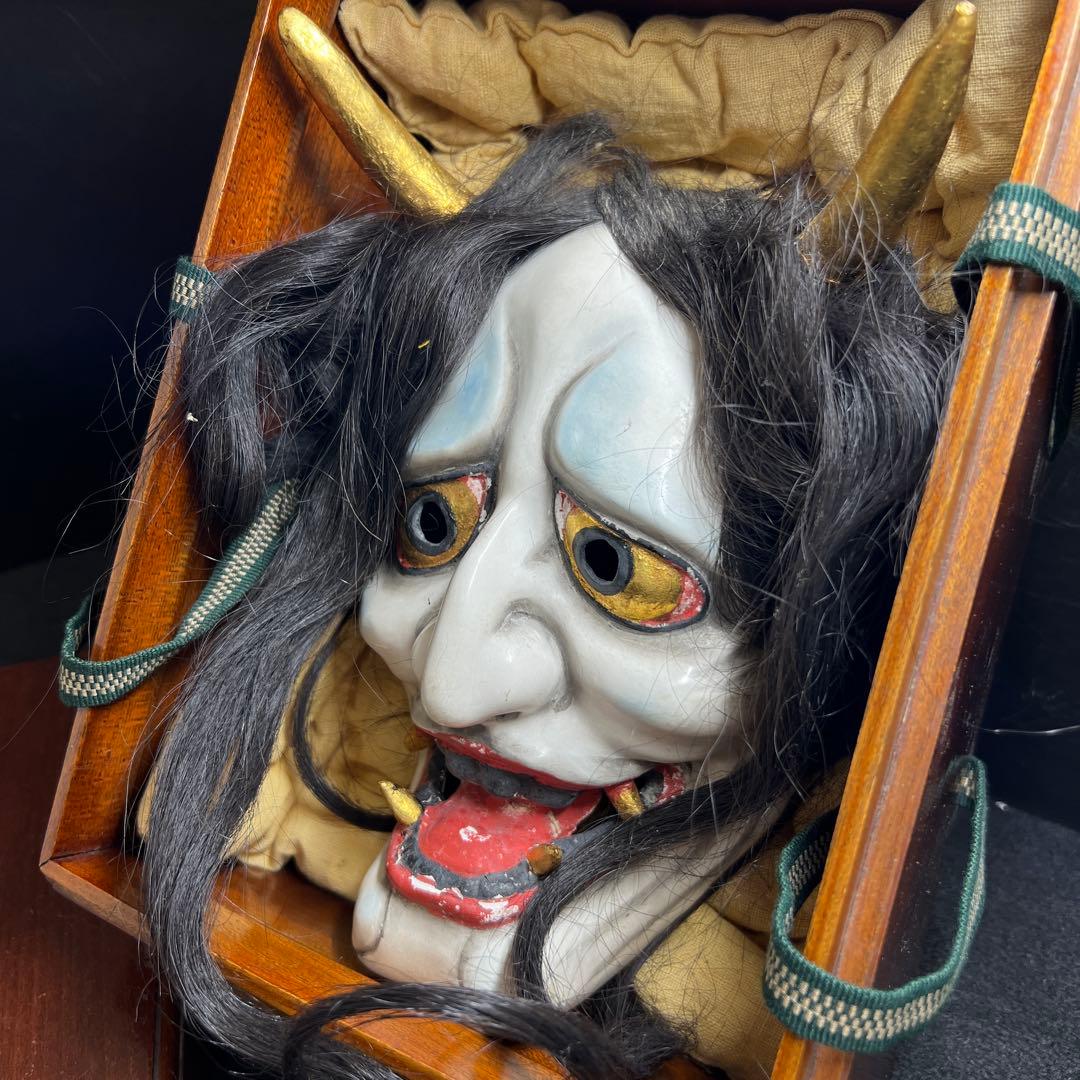 時代乾漆ハンニャ能面　木箱付　顔幅約12.3㎝　東Y8-0116☆2Fタサチ