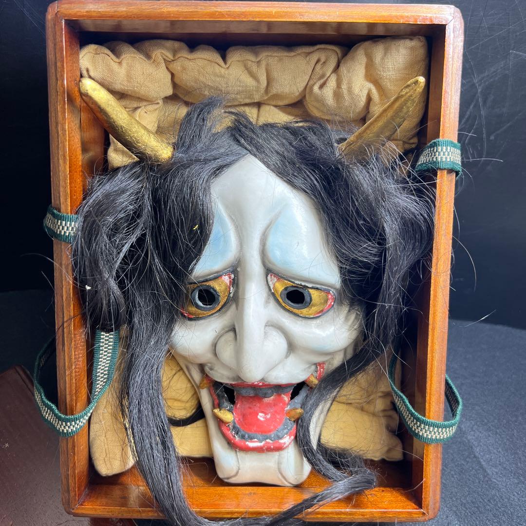 時代乾漆ハンニャ能面　木箱付　顔幅約12.3㎝　東Y8-0116☆2Fタサチ