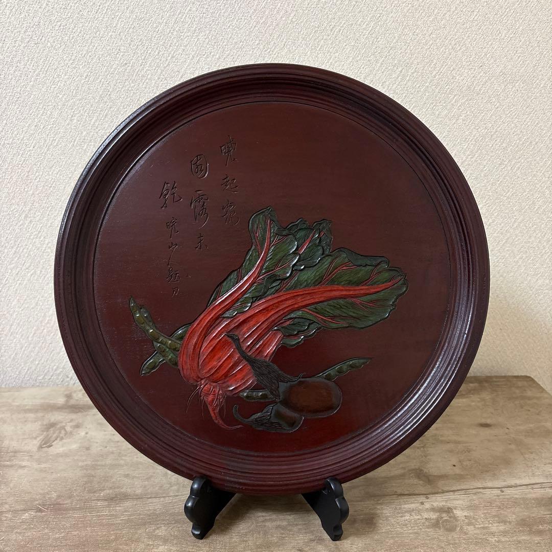 時代　彫抜色絵絵替丸盆　讃岐彫象谷塗　5枚　古盆　古木箱有〈検 烏城　四国　鎌倉