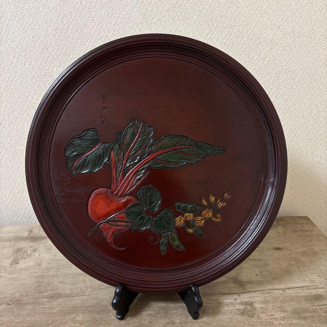 時代　彫抜色絵絵替丸盆　讃岐彫象谷塗　5枚　古盆　古木箱有〈検 烏城　四国　鎌倉