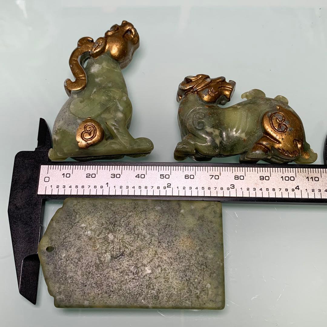 旧蔵時代物　天然　漢代　描金　高古玉　金虎　金神獸　根付　御守り　アンティーク