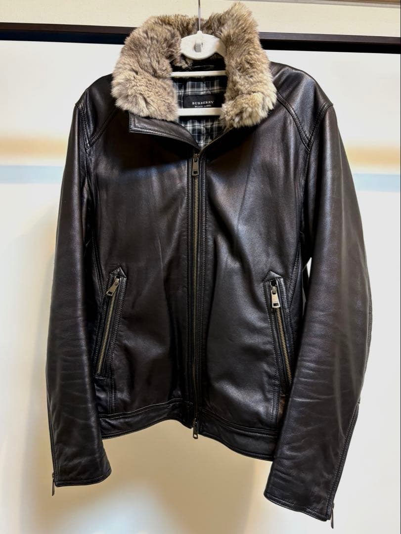 バーバリーブラックレーベル レザージャケット 中綿 ラビットファー Ｌサイズ