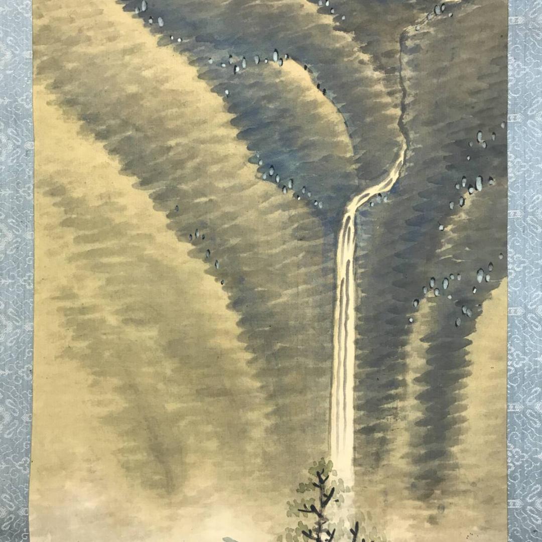 真作/武信籟山/滝山水画賛/青緑山水図/山水図/掛軸/名家伝来AH-583