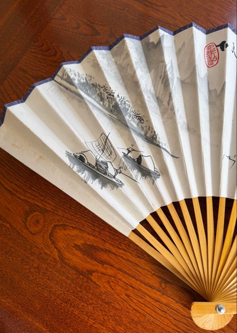 中国 折扇 水墨山水「桂林山水甲天下」竹骨 箱付