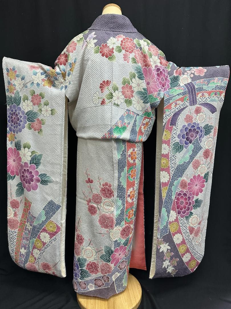 藤娘きぬたや 総絞り 薄紫系 熨斗柄 小紋バック振袖 フルセット 落款あり