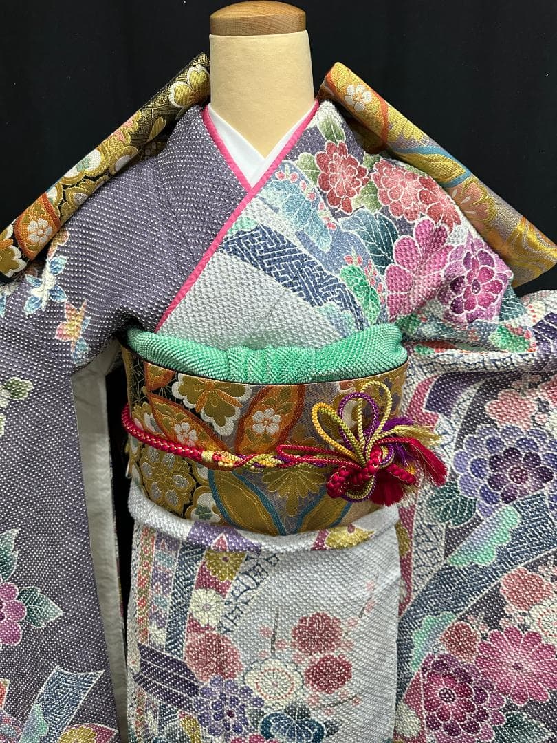 藤娘きぬたや 総絞り 薄紫系 熨斗柄 小紋バック振袖 フルセット 落款あり