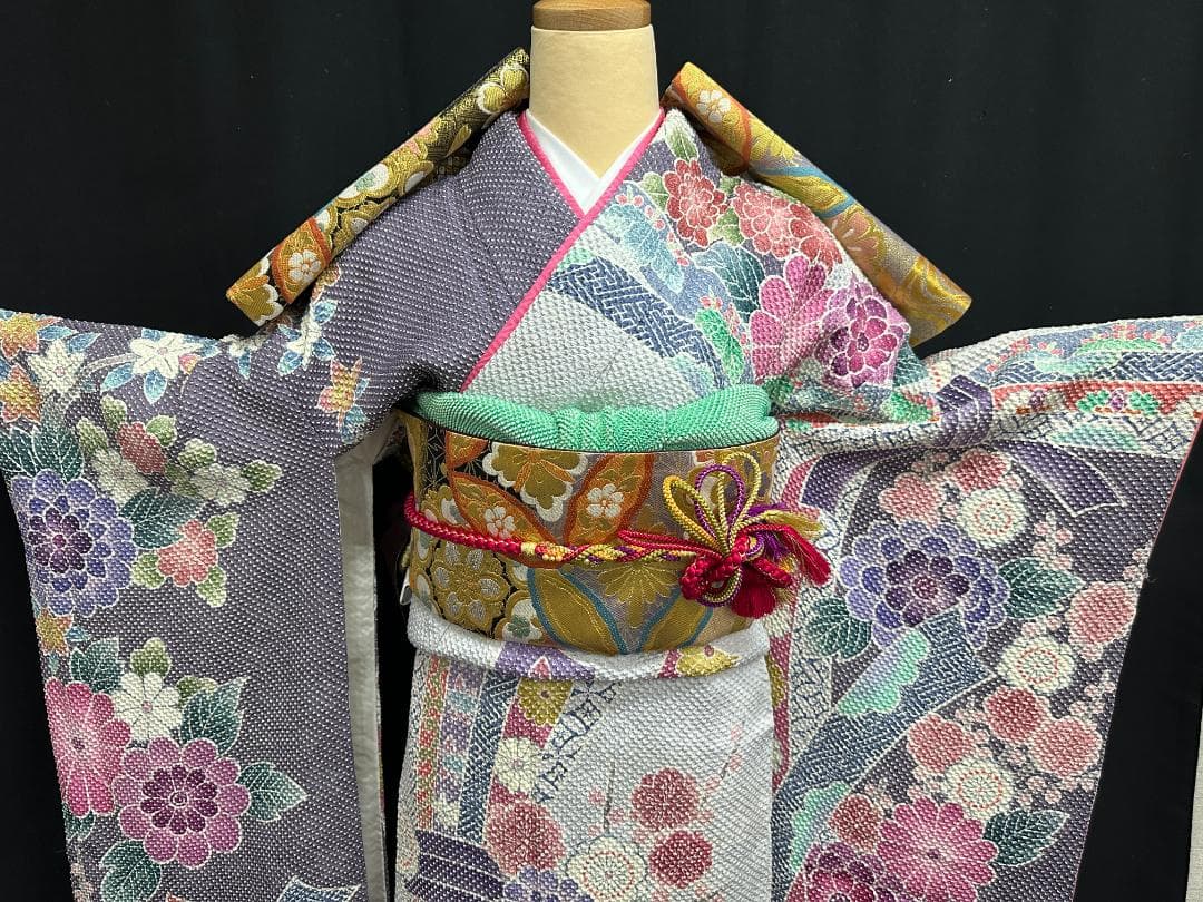 藤娘きぬたや 総絞り 薄紫系 熨斗柄 小紋バック振袖 フルセット 落款あり