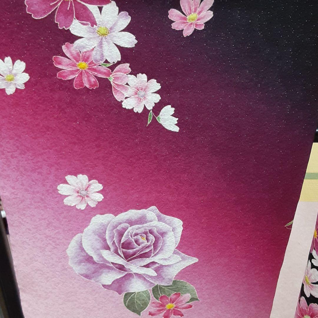 574.正絹振袖、黒バラ、160ぐらい