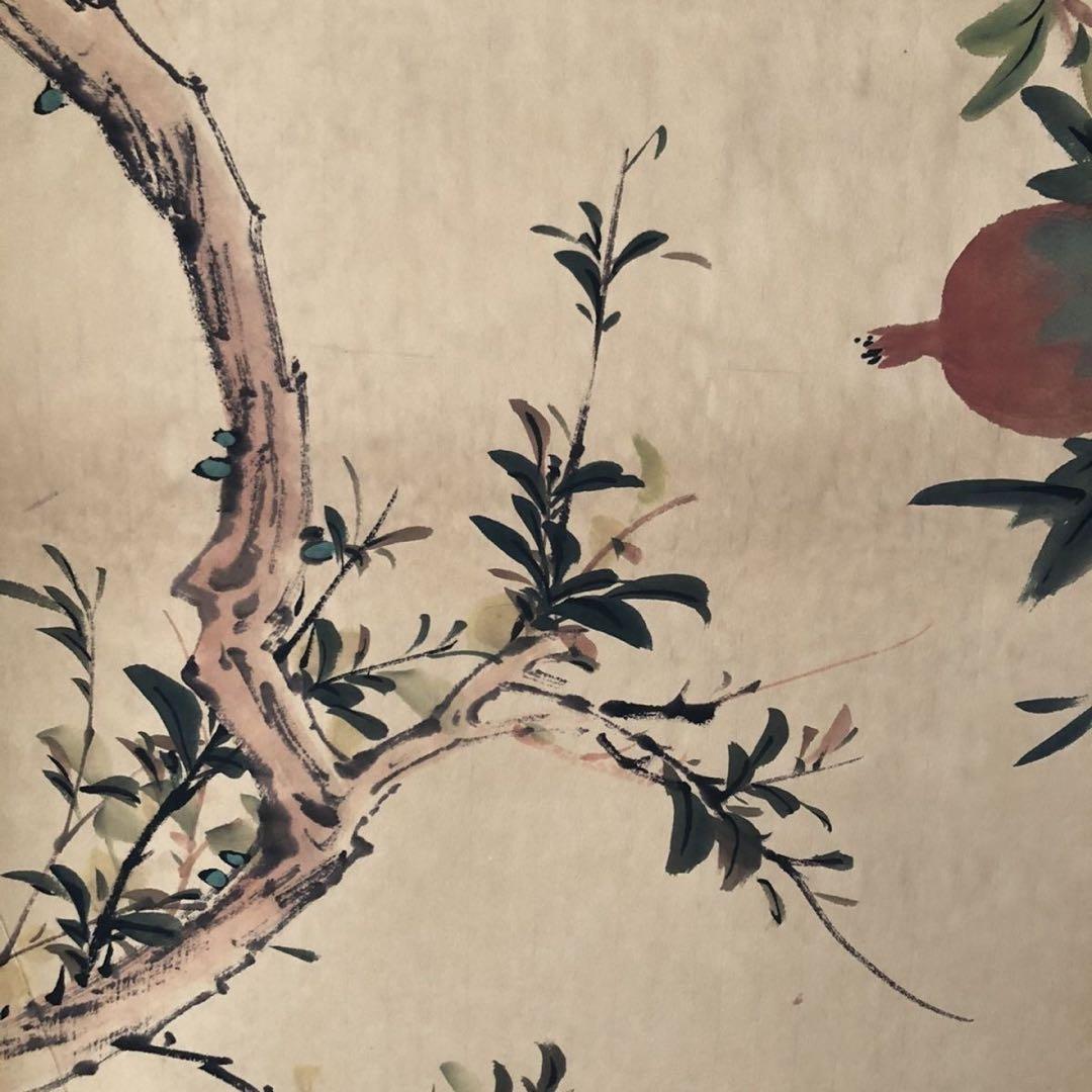 【掛軸】花鳥図「連蒂双栖」 颜伯龙風 三尺中堂／紙本表装済み 174×77cm