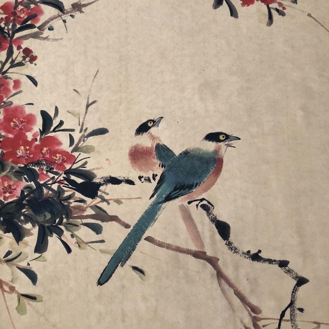 【掛軸】花鳥図「連蒂双栖」 颜伯龙風 三尺中堂／紙本表装済み 174×77cm