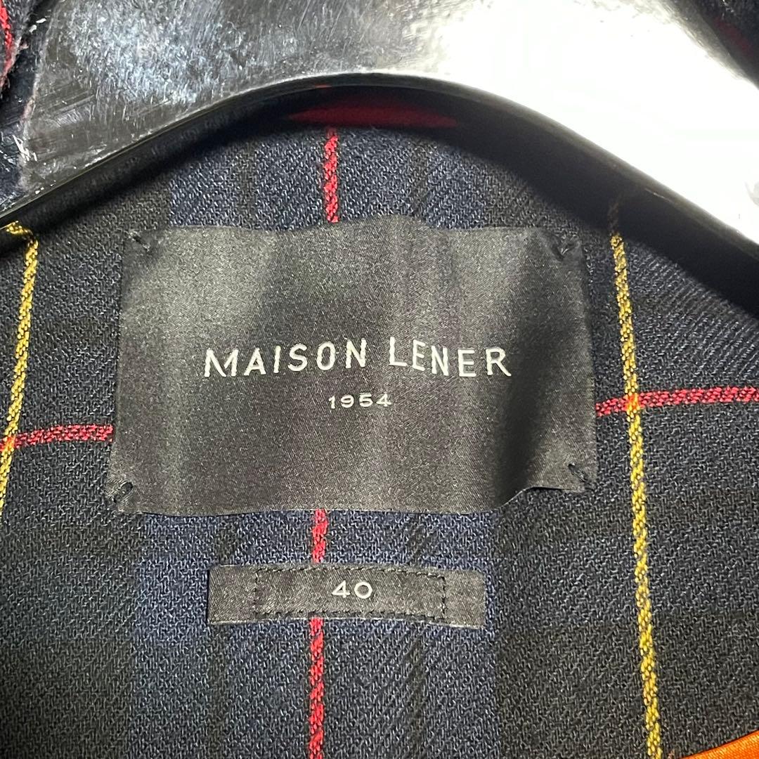 【メゾンレネール】美品チェック ダブル チェスター ロング エンブレム ネイビー