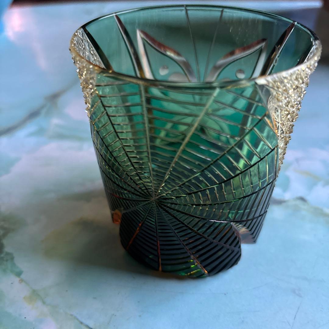 クリスタル江戸切子 流星 オールドグラス (琥珀緑)