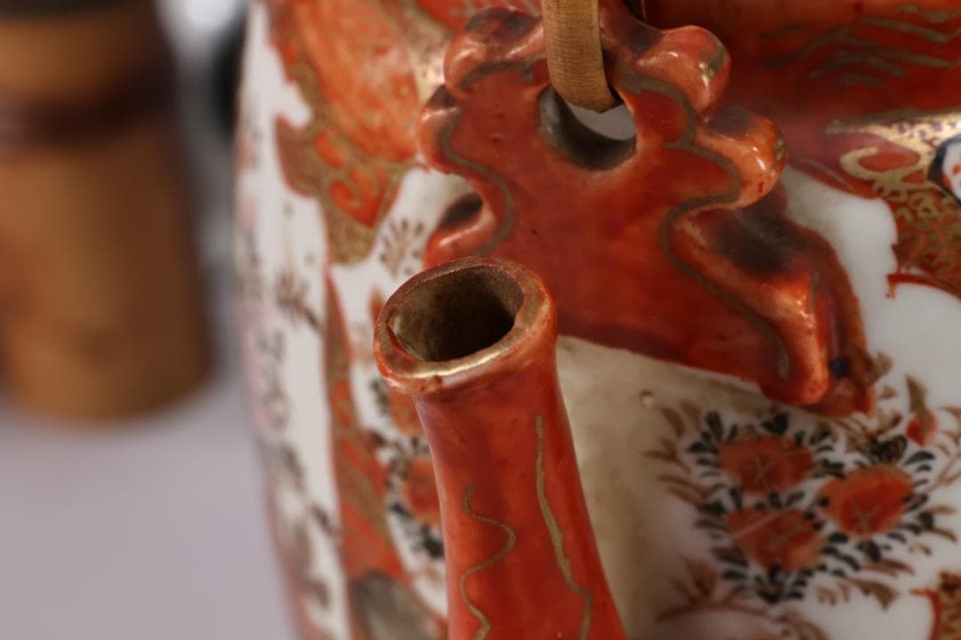 明治期　九谷造　赤絵　花鳥唐子図　注水　急須　重さ347ｇ　茶道具　煎茶道具