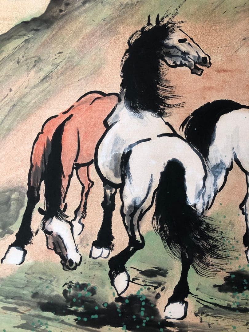 徐悲鴻 馬 掛け軸 四尺 中国絵画 書画 手描き 水墨 動物画 馬図 インテリア