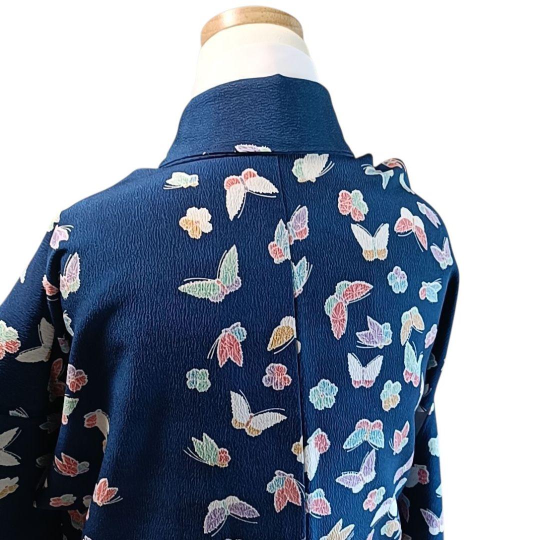 き*う様 C68 ちどり屋 東レシルック 着物 小紋 洗える着物 化繊 蝶 青