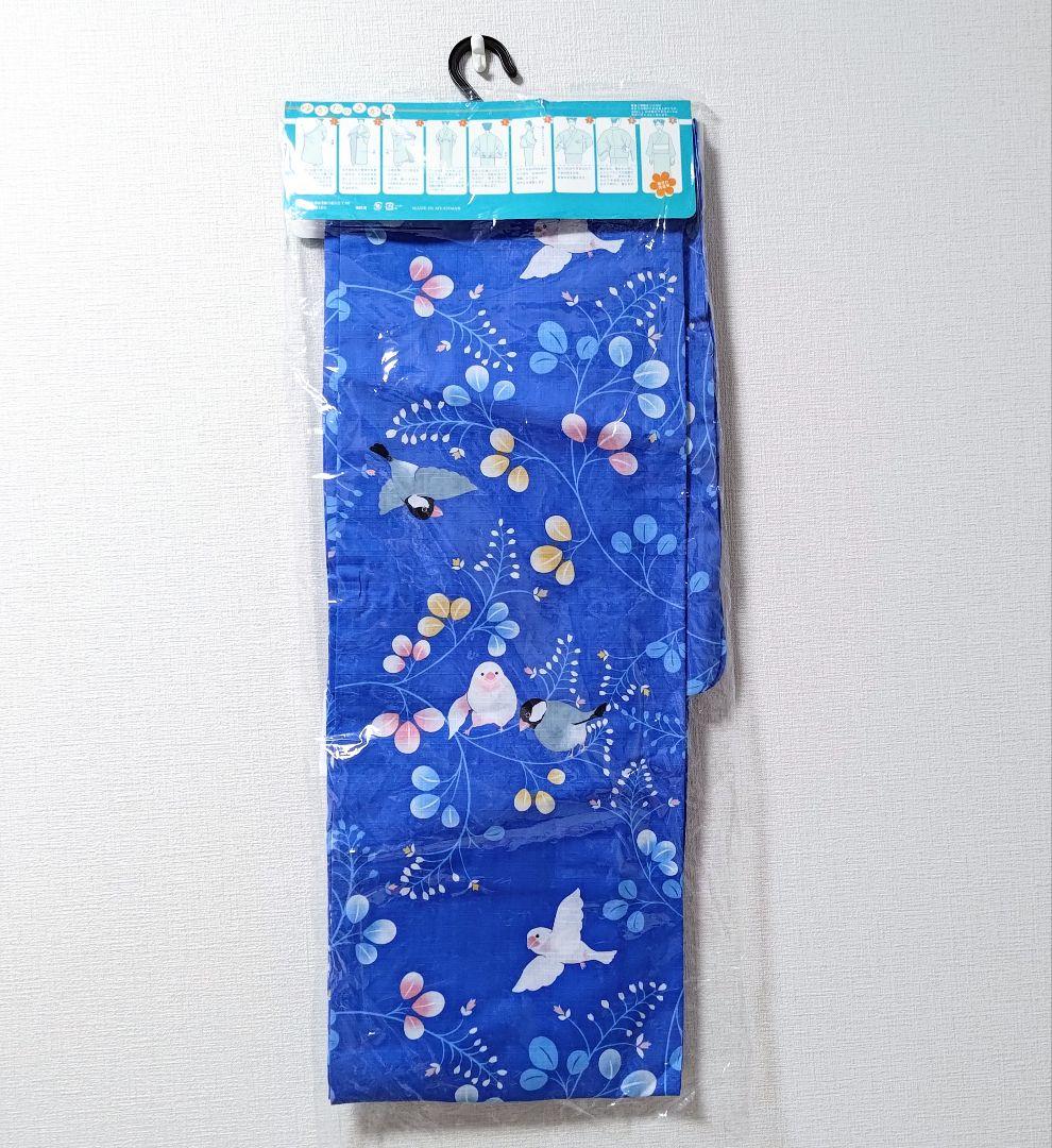 レア小鳥柄浴衣ブルー草花柄コトリカフェ監修ゆかた着物青色黒黄白水色文鳥柄ことり柄