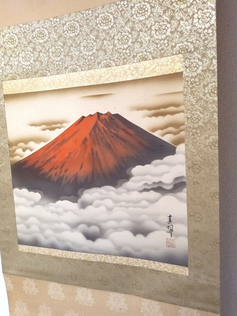 赤富士 古い掛け軸 美術品 骨董品 日本絵画 喜翠画