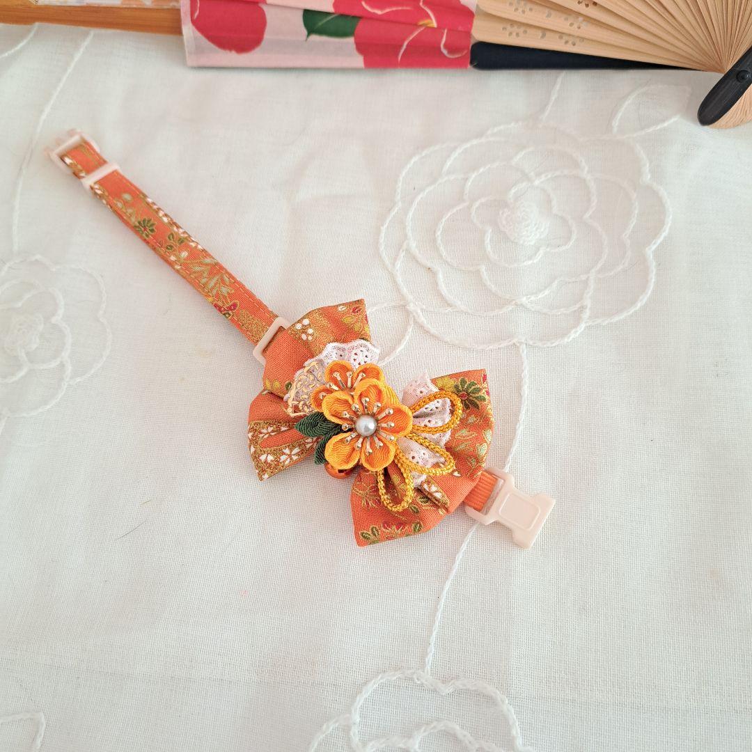 ダブルリボン、和風つまみ細工(橙色)わんちゃん猫ちゃん用首輪