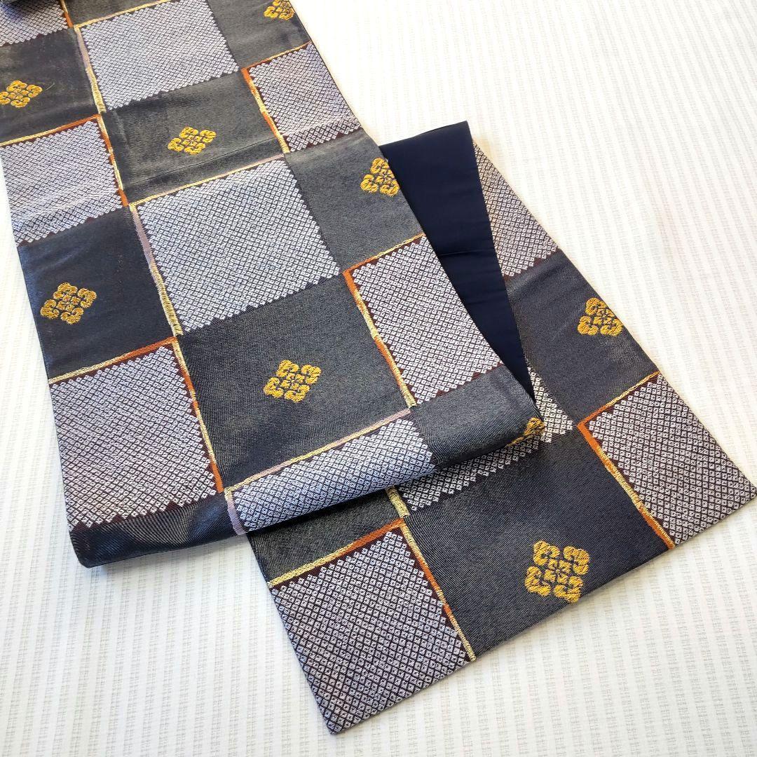 【洒落袋帯】一目惚れ級！黒地引箔×鹿子市松■天井鹿子文/粋モダン/424cm