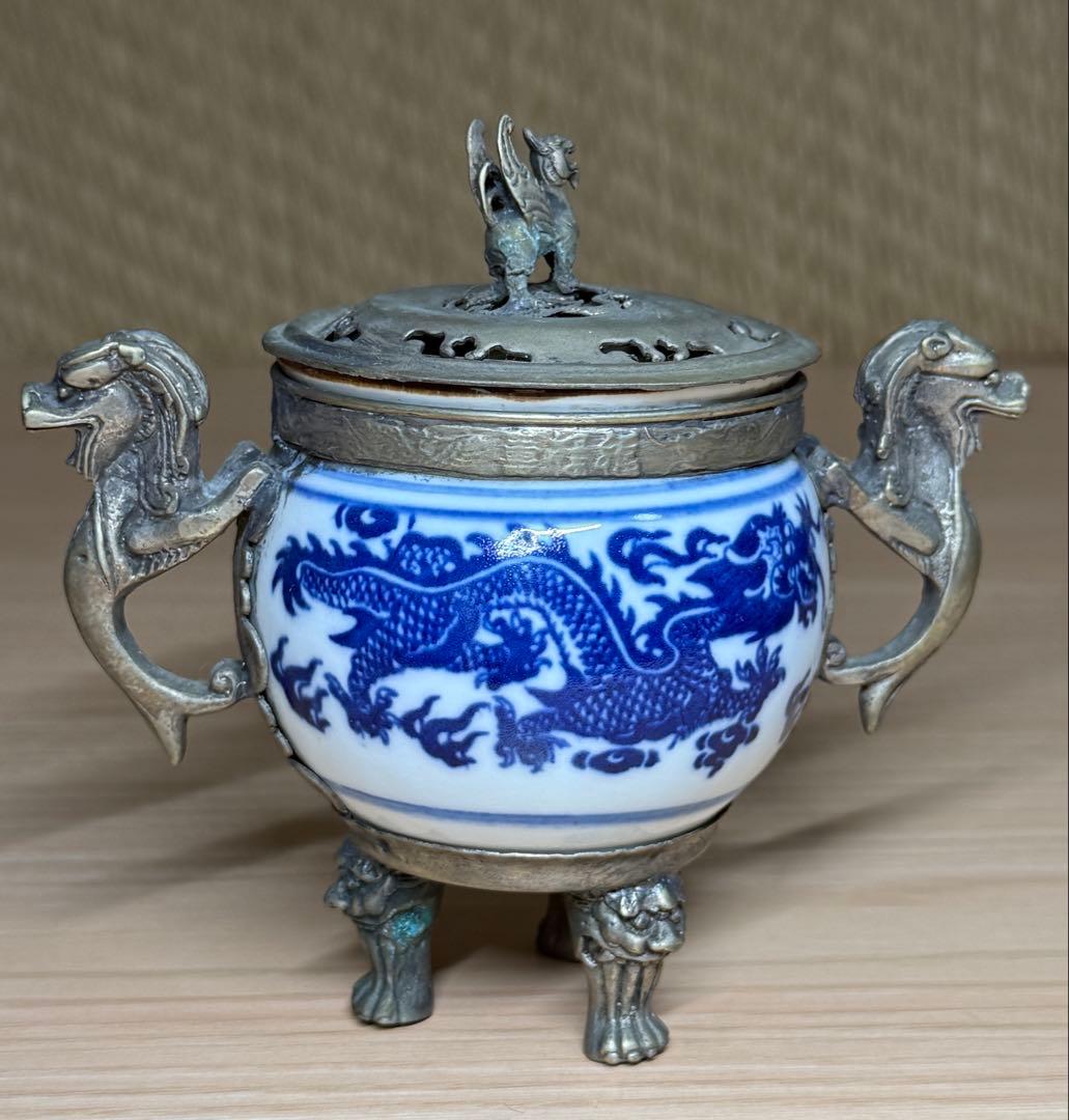 染付 香炉 龍文 錫製 蓋付 香道具 茶道具 唐物 中国美術