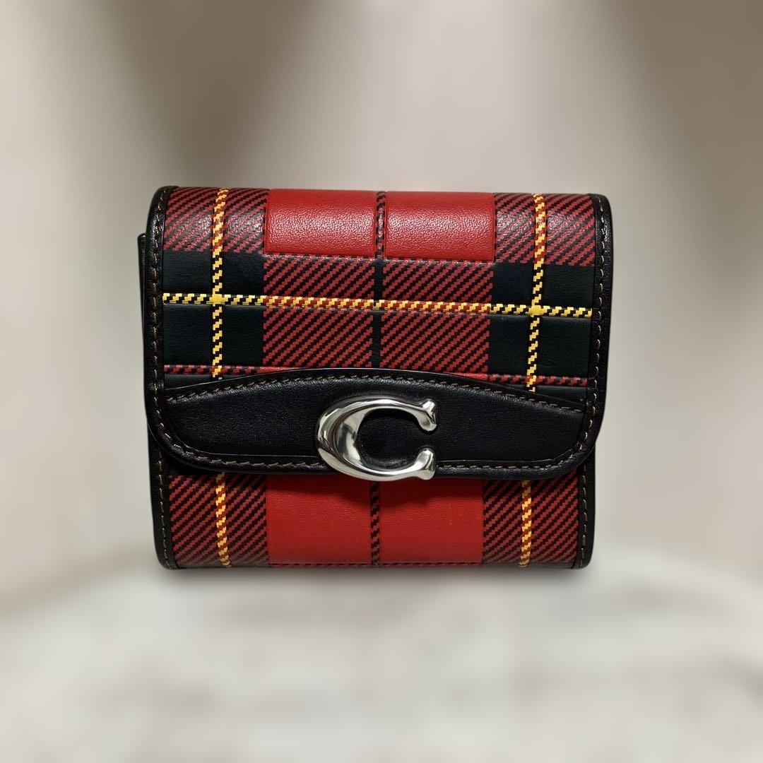 COACH三つ折り財布、チェック柄赤黒（極美品）