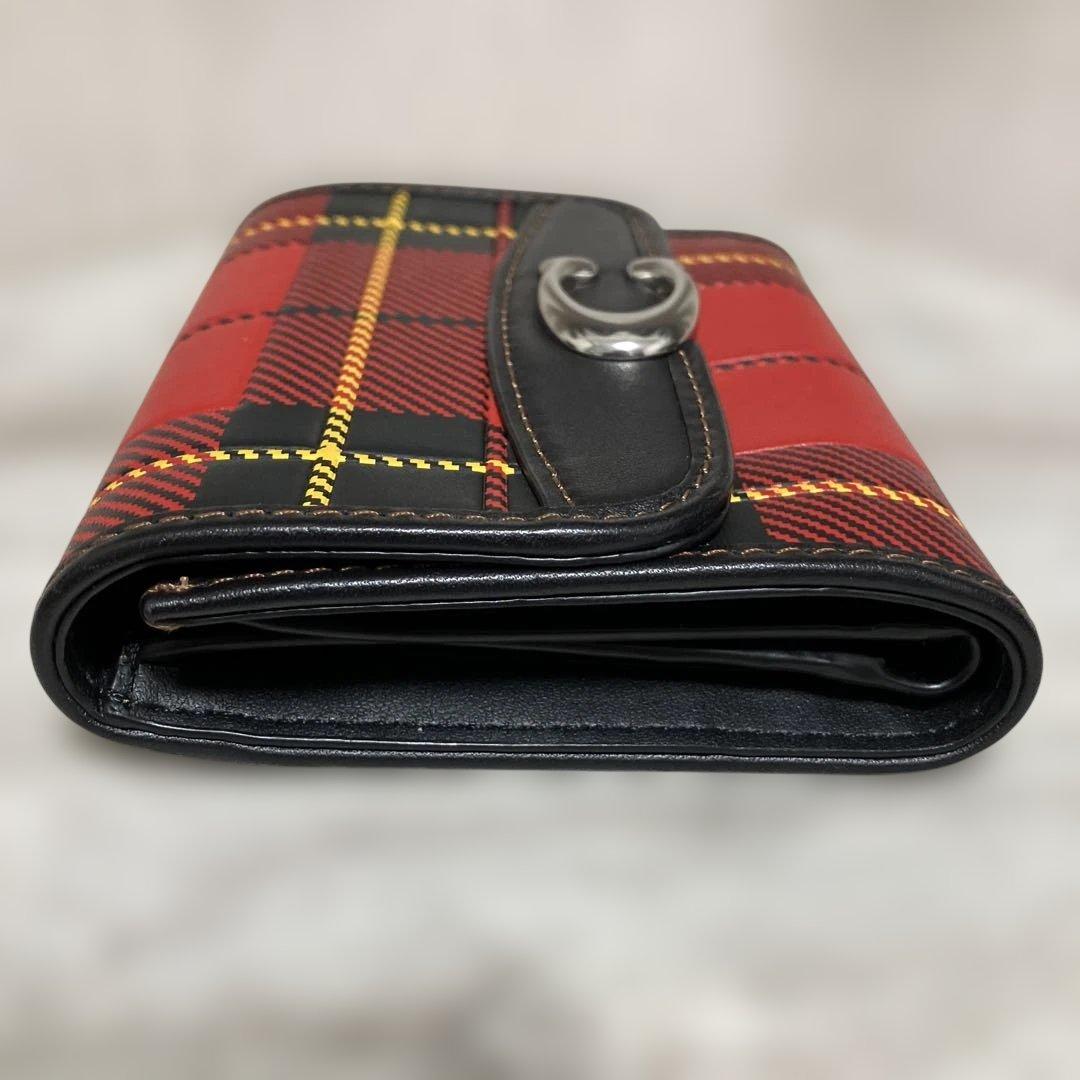 COACH三つ折り財布、チェック柄赤黒（極美品）