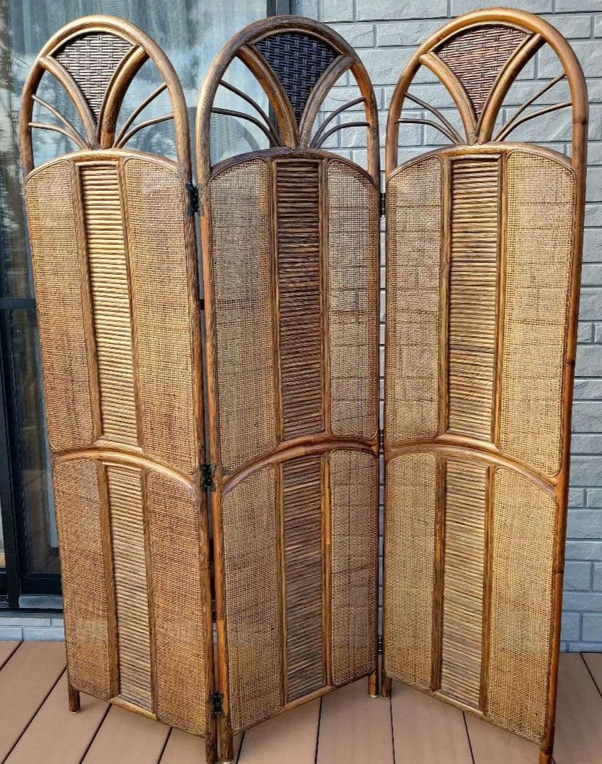 衝立 3連 ラタン パーテーション 籐家具 超美品 間仕切り アジアン レトロ
