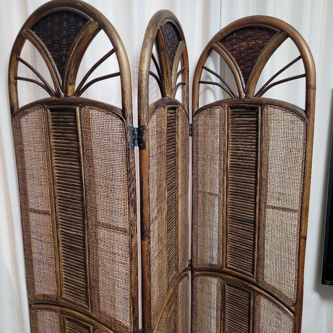 衝立 3連 ラタン パーテーション 籐家具 超美品 間仕切り アジアン レトロ