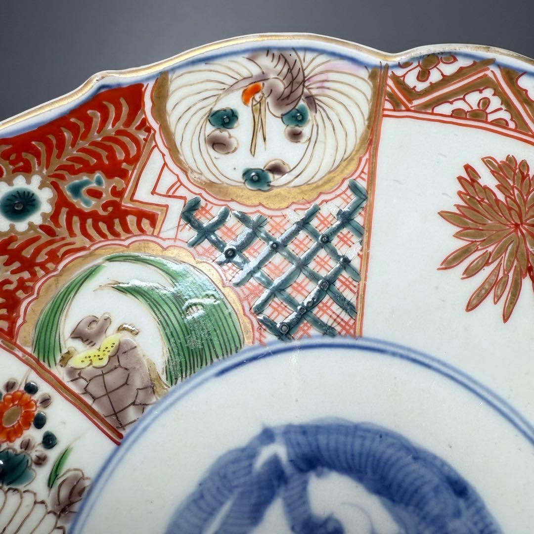 古伊万里　色絵七寸輪花形皿　冨貴長春　円龍　植物　鶴亀　直径21.6cm　江戸期