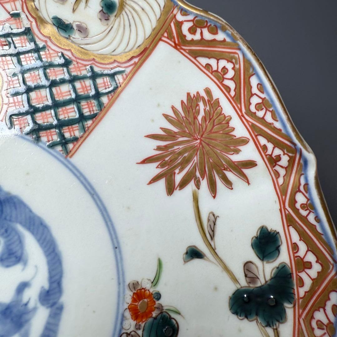 古伊万里　色絵七寸輪花形皿　冨貴長春　円龍　植物　鶴亀　直径21.6cm　江戸期