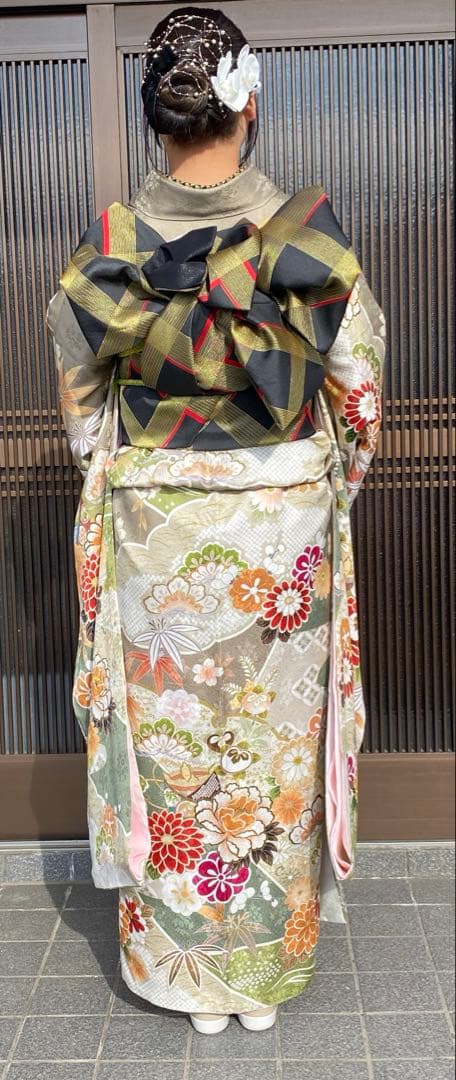 メルカリ市中だけお値下げ　県民共済正絹振袖フルセットグリーン金赤黒　ぽっちゃり